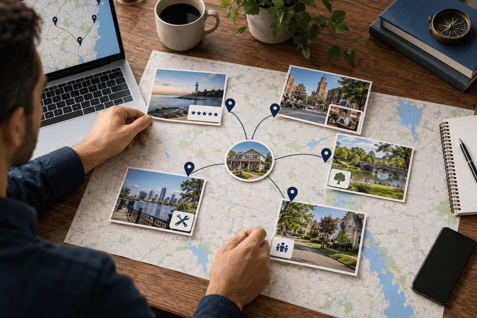 Strategist connects one business hub to unique neighborhood pages using local photos, landmarks, and map pins.