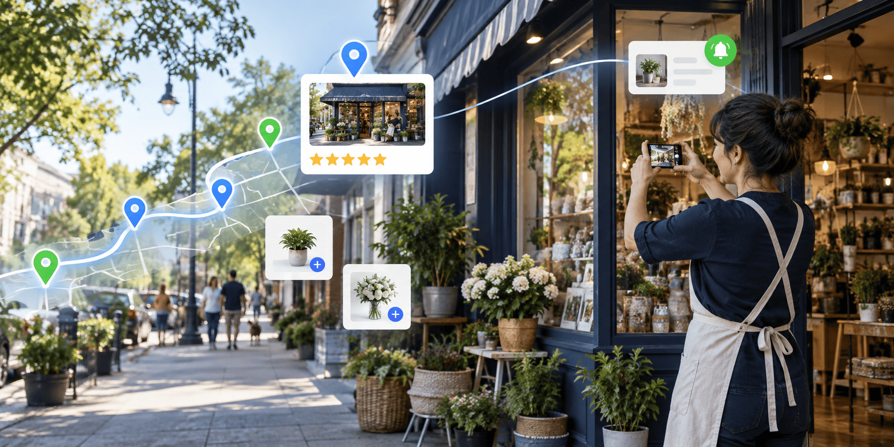 Shop owner photographs a real storefront while map pins, reviews, products, and update signals connect nearby customers.