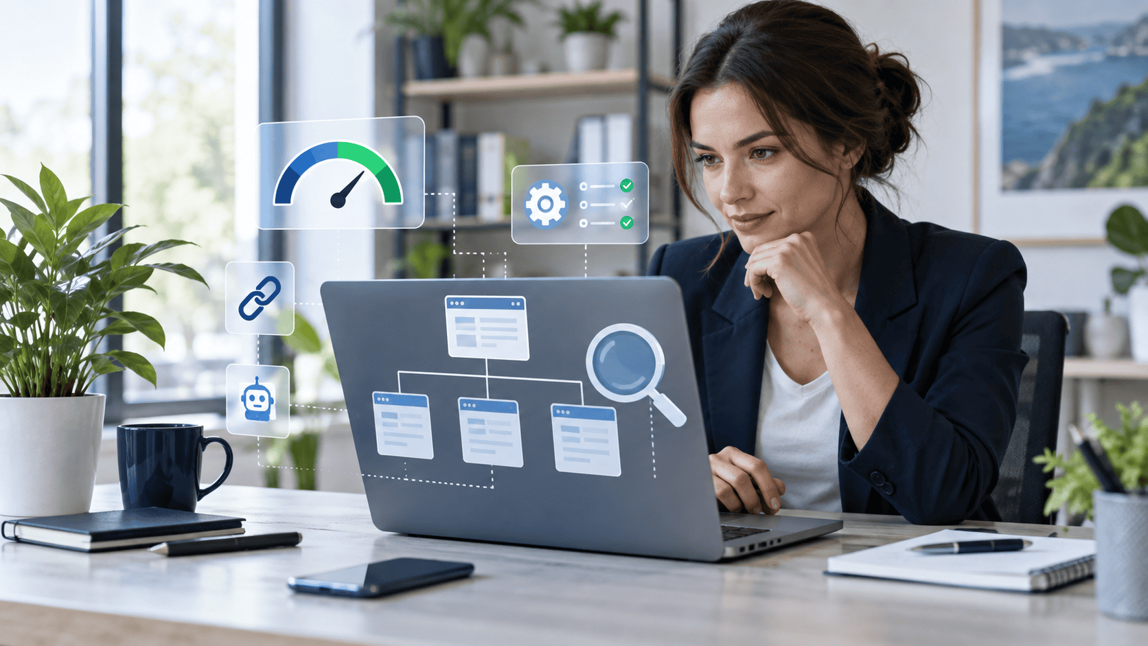 SEO specialist audits site structure, page speed, internal links, and crawlability on a laptop