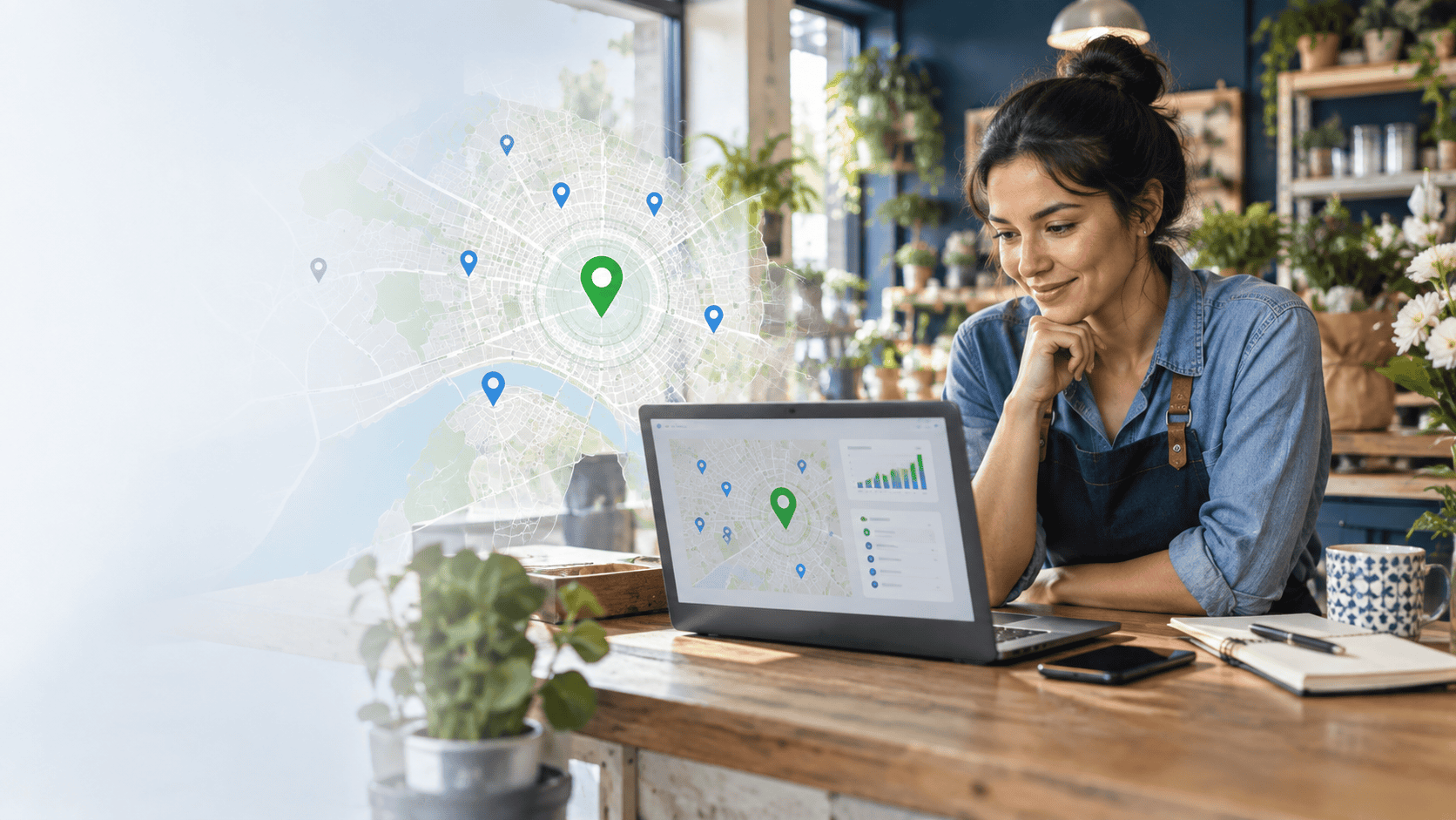 Local shop owner reviews map visibility growth on a laptop as location pins spread across nearby neighborhoods.