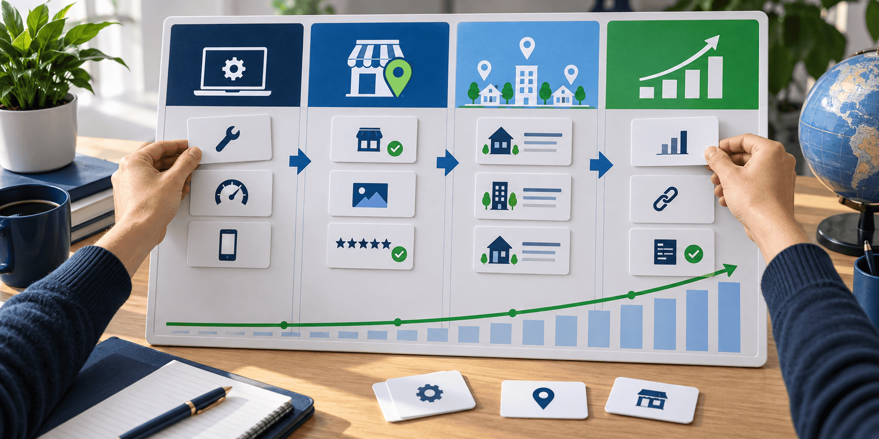Hands organize a four-stage local SEO plan from technical repairs through profile work, location pages, and measurement.